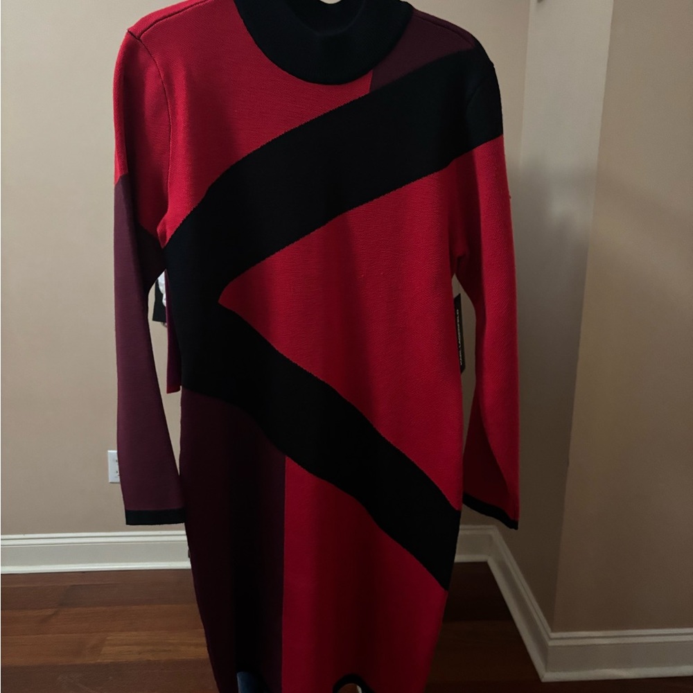 NWT  Karl Lagerfeld Red, Black & Burgundy Colorblock Turtleneck Knit Dress